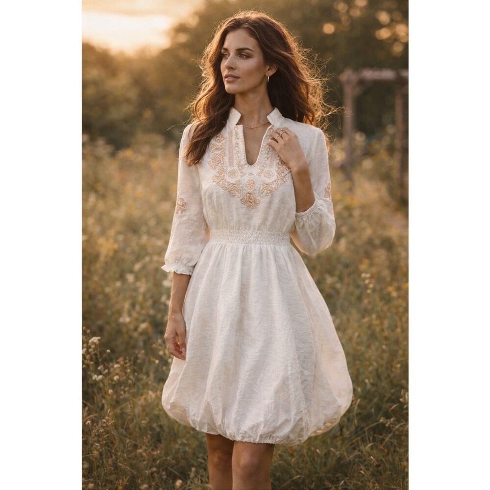 Neslay Paris White Crepe Embroidered Dress Sz M Short Sleeve Bubble Hem Coastal